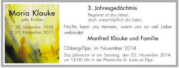 Traueranzeige von Maria Klauke von Tageszeitung
